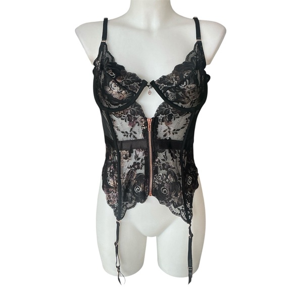 Coquette Black Lacey Zip Up Corset with Attached Garters Lace Up Back XL - Picture 6 of 16